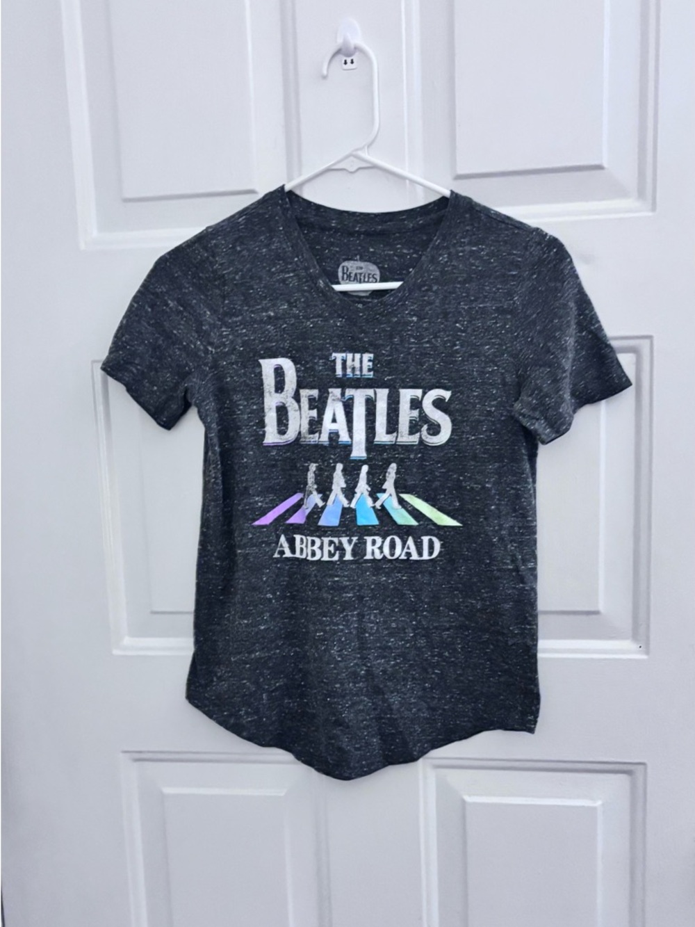 The Beatles Women's Charcoal Abbey Road Tee with Pastel Rainbow Crosswalk